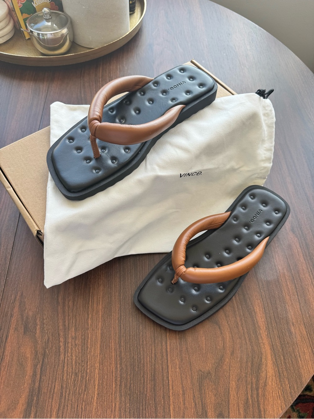 Vince Black Footbed Sandals with Brown Padded Straps